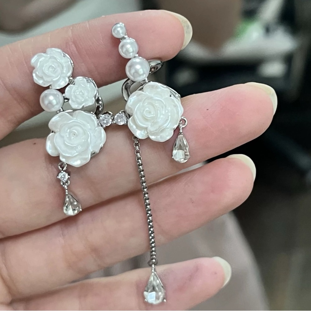Elegant White Rose Drop Ear Bone Clips